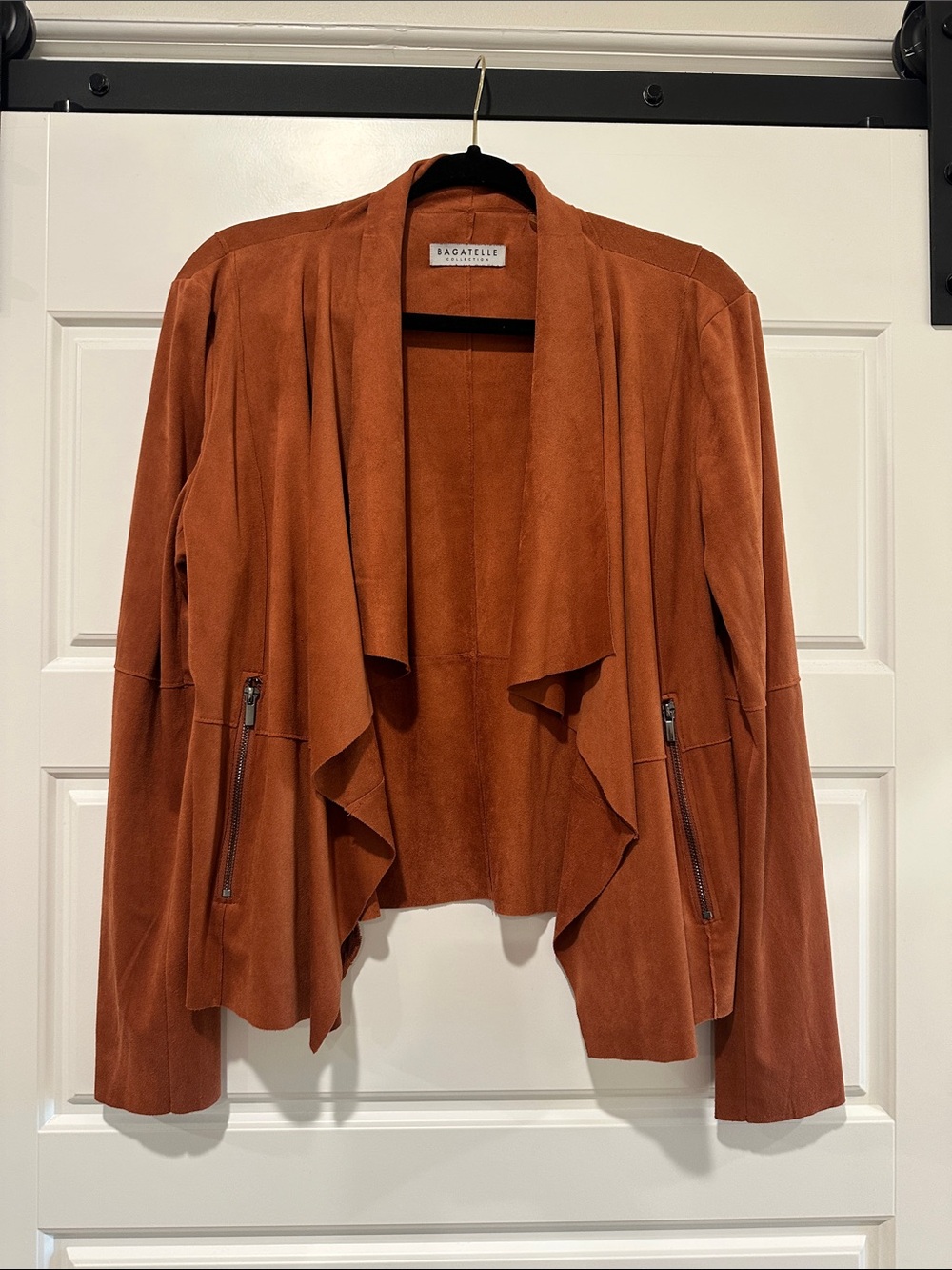 bagatelle rust-brown faux suede waterfall jacket